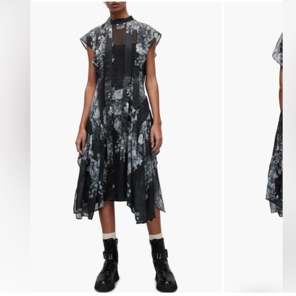 All Saints Ethereal Floral High Low Dress in Charcoal and Smoke